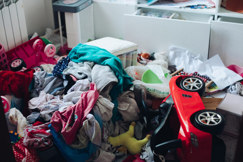 Mess and disorder in the room. Messy room and disorder concept